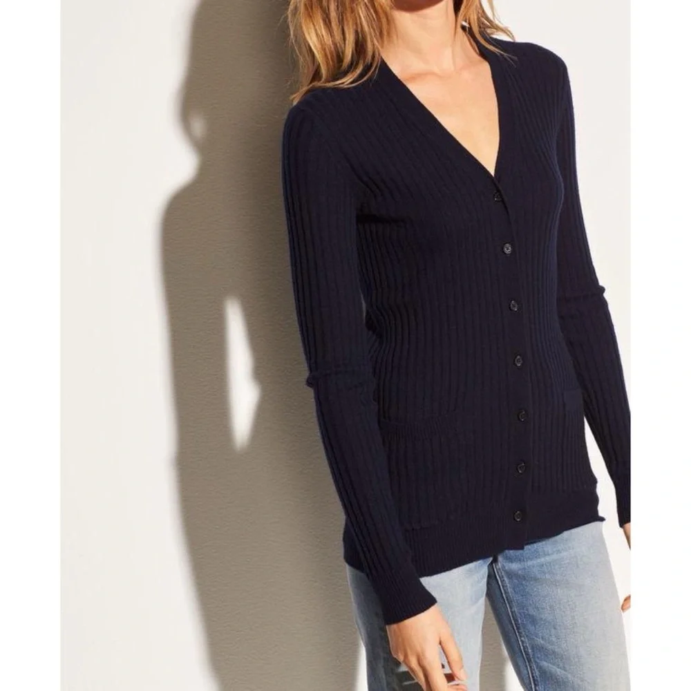 VINCE Rib Skinny Cashmere Cardigan Coastal Blue | XS - Picture 1 of 11